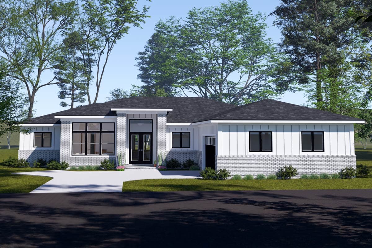 House plan exterior. Modern style, single story home with mixed siding, brick accents, and a covered entry. Features include a low-slope roof.