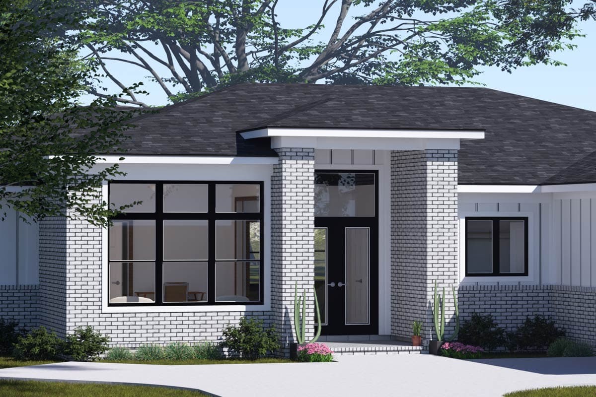 House plan exterior: single-story modern home with white brick facade, dark framed windows, and covered entry with double doors.