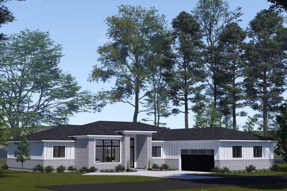 Modern ranch house plan exterior with brick base, white siding, a flat roof overhang, and a two-car garage.
