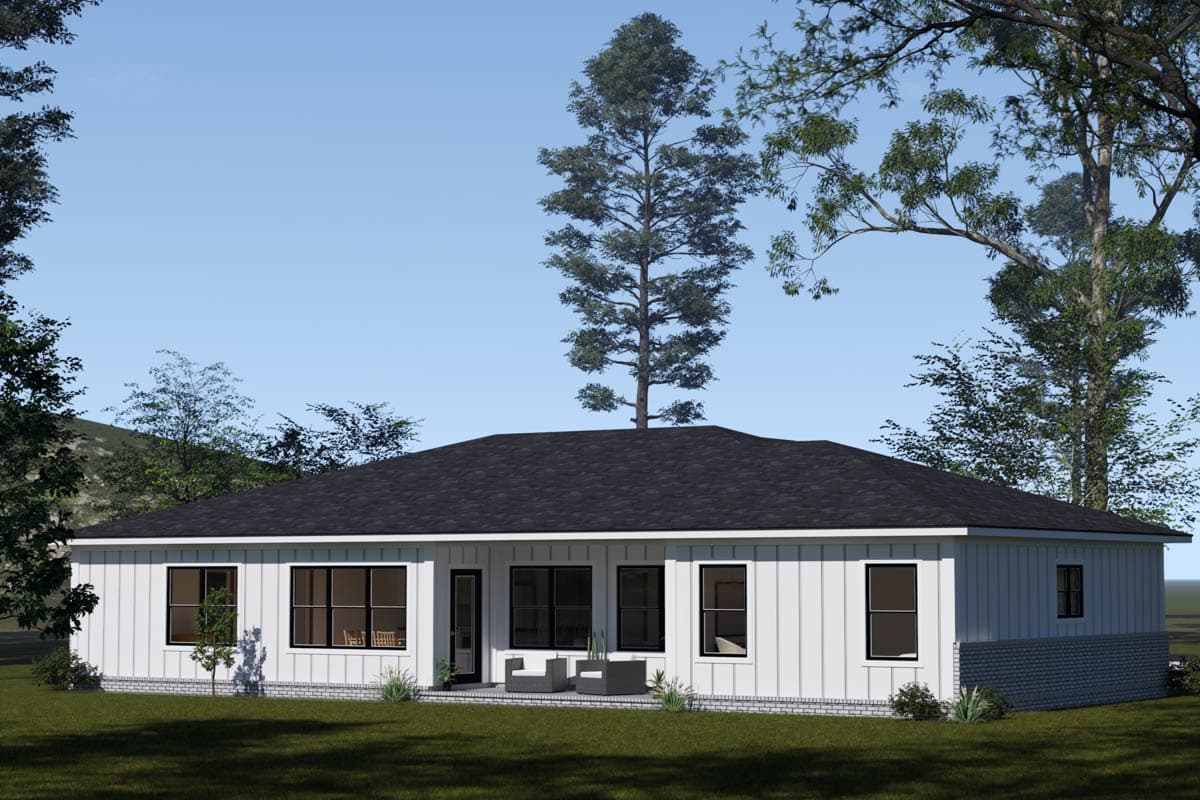 House plan exterior: One-story Modern Farmhouse with vertical siding, wide windows, and a low-pitch hip roof.
