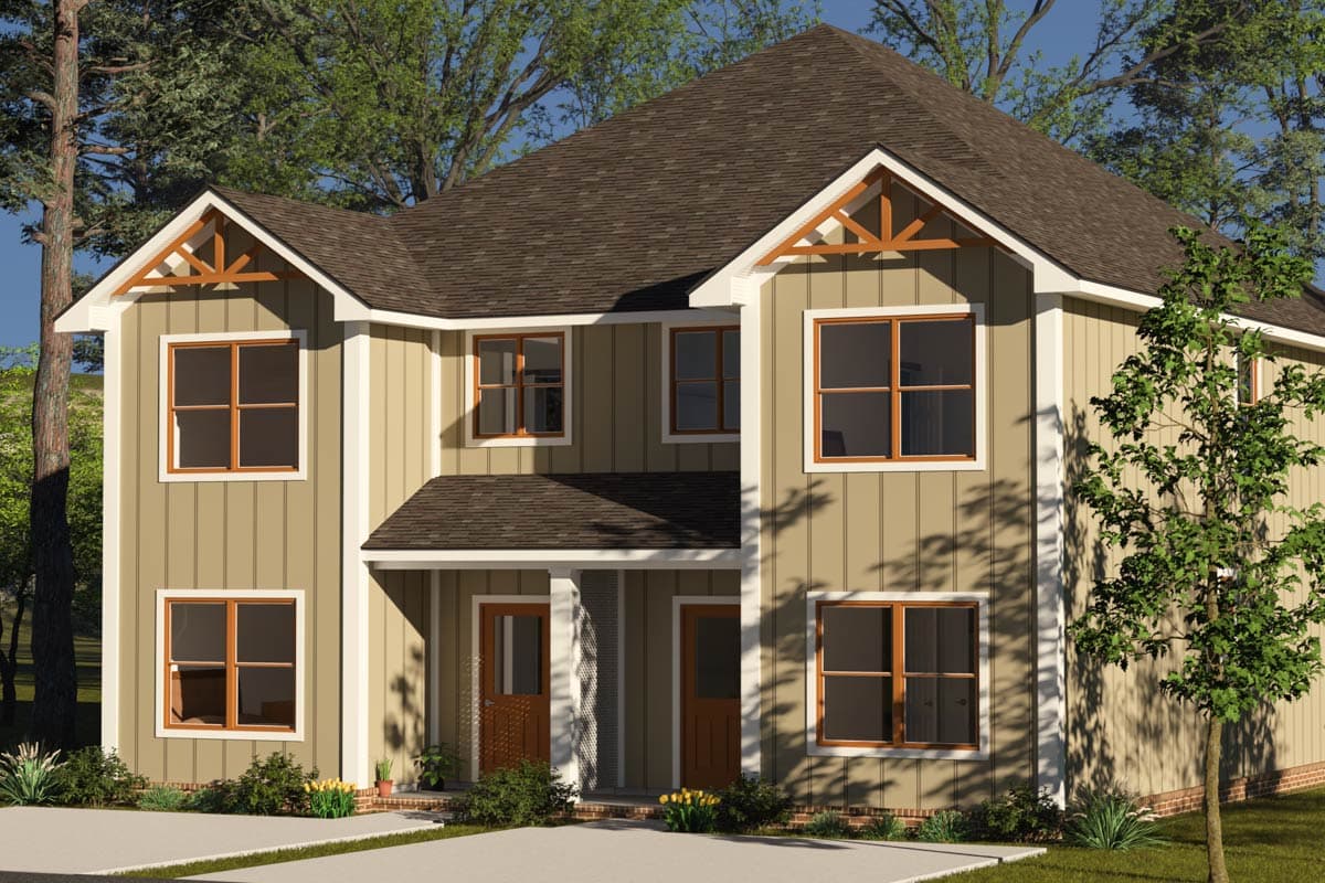 Two-story house plan exterior with vertical siding, prominent gables, and decorative timber trusses.