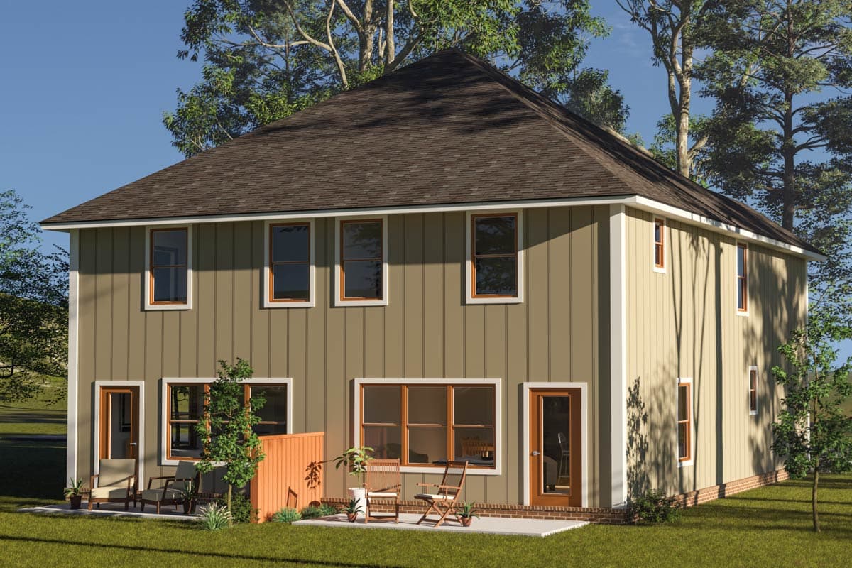 House plan exterior of a two-story home with vertical siding, a prominent hip roof, and multiple windows.