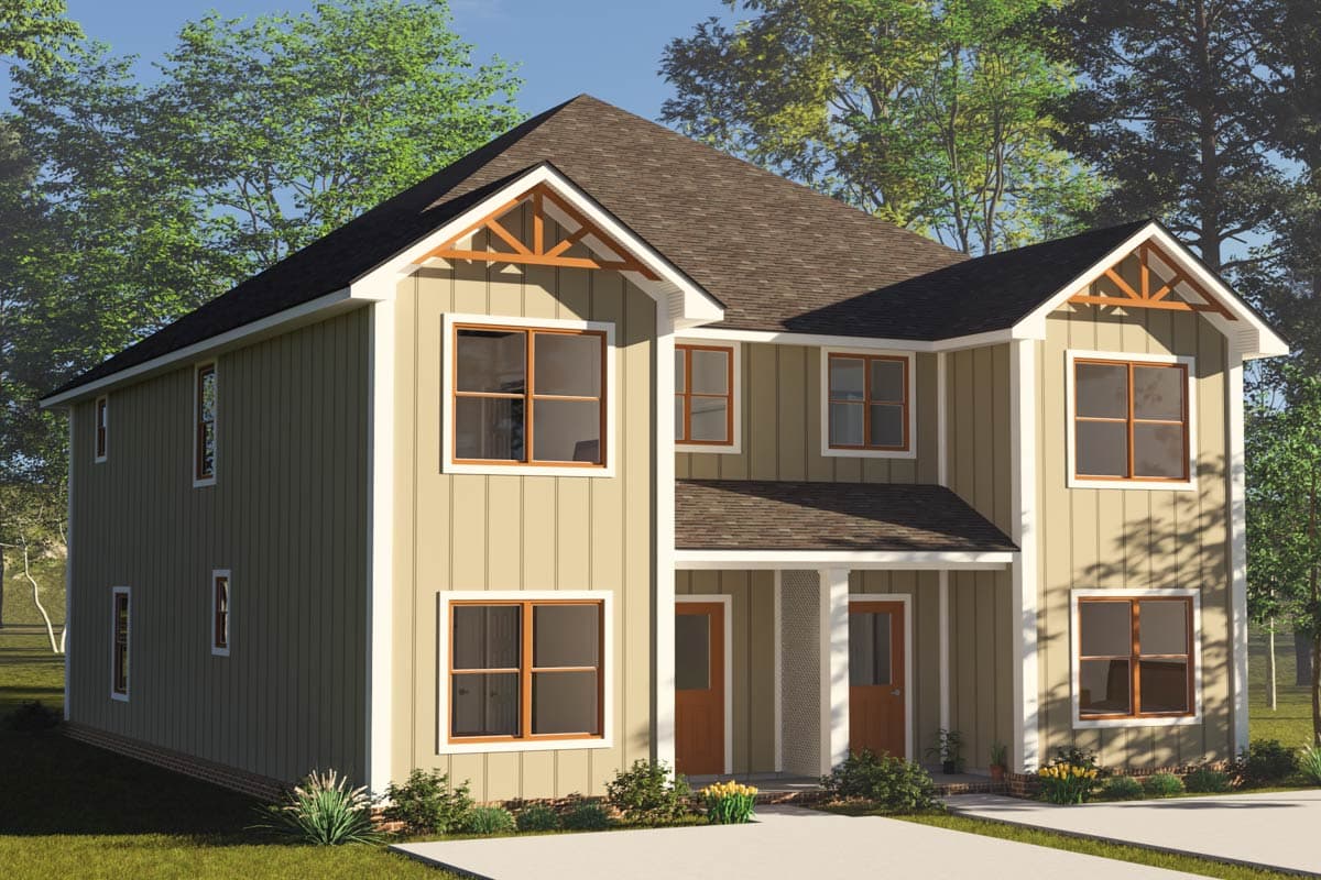 Modern Farmhouse house plan exterior, two stories, with gable trim, vertical siding, and covered entry.