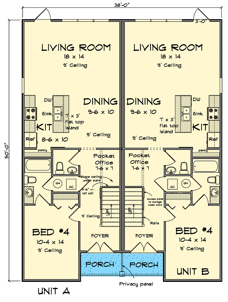 Plan 52424WM: Two-Story Traditional Multi-Family House Plan with Loft and Pocket Office - 1812 Sq Ft Per Unit - Floor Plan - Main Level - Traditional