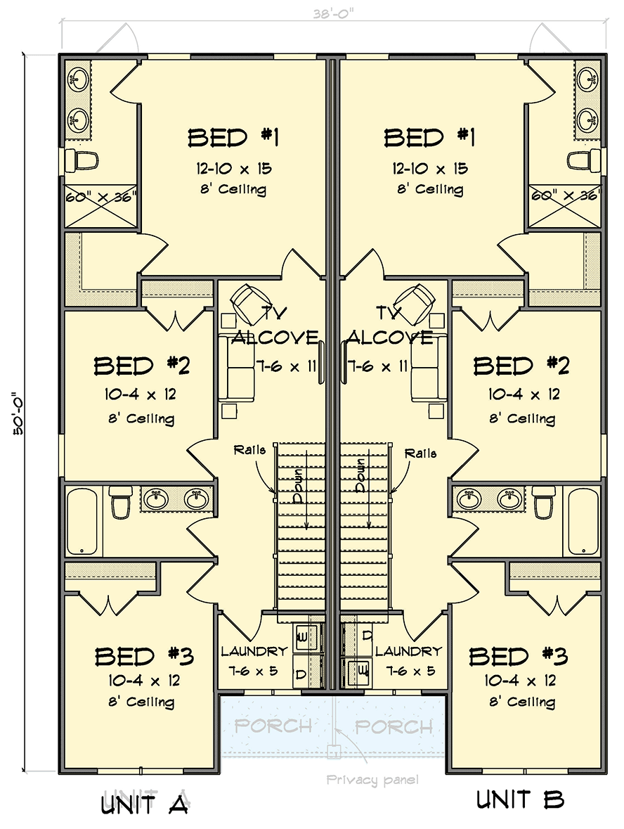 Plan 52424WM: Two-Story Traditional Multi-Family House Plan with Loft and Pocket Office - 1812 Sq Ft Per Unit - Floor Plan - 2nd Floor - Traditional