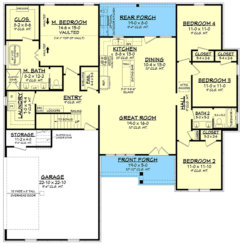 Plan 52002HZ: 4-Bed Modern Farmhouse Plan with Bonus Room and Outdoor Kitchen - 1945 Sq Ft - Floor Plan - Main Level - Country, Modern Farmhouse, New American, Traditional