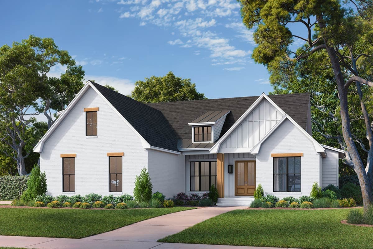 Modern Farmhouse house plan exterior with white brick, gables, dormers, and a covered entry.
