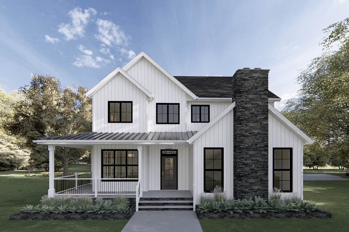 House plan exterior. Two-story Modern Farmhouse with a gabled roof, stone chimney, and covered front porch.