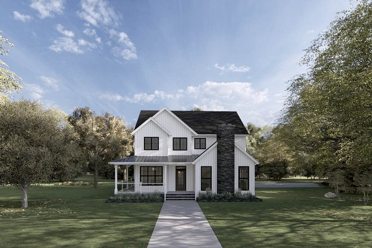 Modern Farmhouse house plan exterior with board and batten siding, metal roof, wraparound porch, and stone chimney.