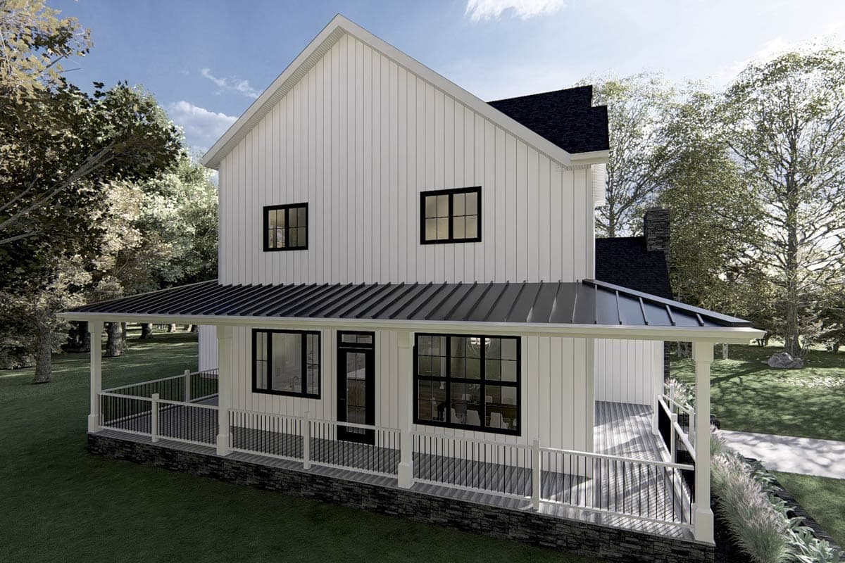 Two-story Modern Farmhouse exterior with board and batten siding, a wrap-around porch with metal roof, and black-framed windows.