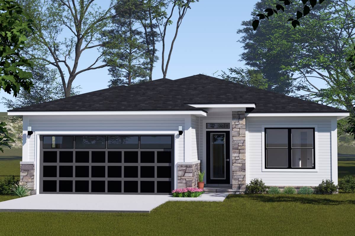 House plan exterior. Ranch-style house with one story, flat roof, and stone accents. Features include a glass garage door and entry door.