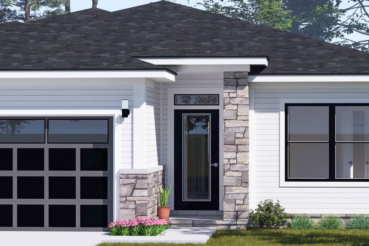 House plan exterior: Modern Ranch style, single story, with stone accents on porch posts and a glass-panel garage door.