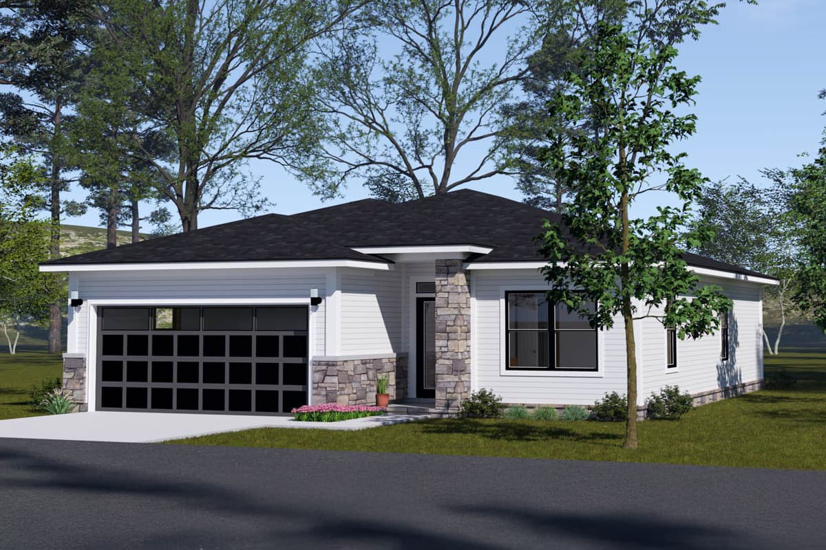 House plan exterior: Modern ranch with attached garage, stone accents, and hip roof.