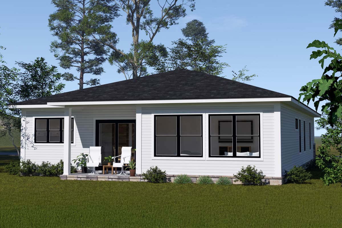 Ranch house plan exterior with covered patio, large windows, and simple roofline.
