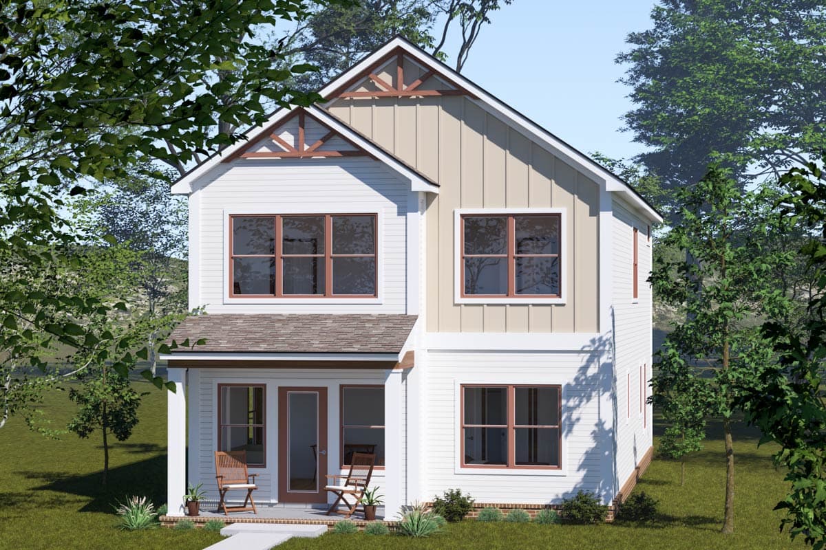 House plan exterior. Two-story farmhouse style with a front porch, gables with decorative brackets, and a board and batten facade.