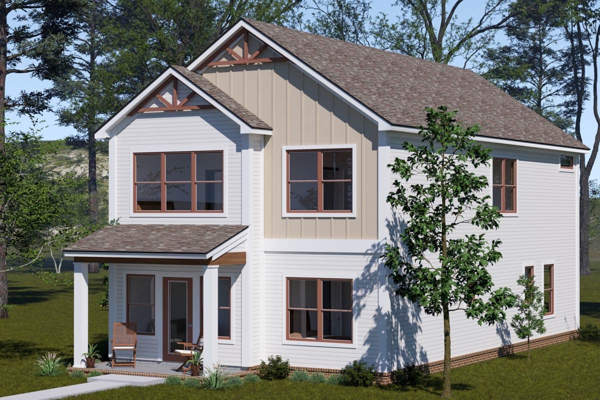 House plan exterior: two-story Modern Farmhouse with gabled dormers, board and batten siding, and a covered entry porch.