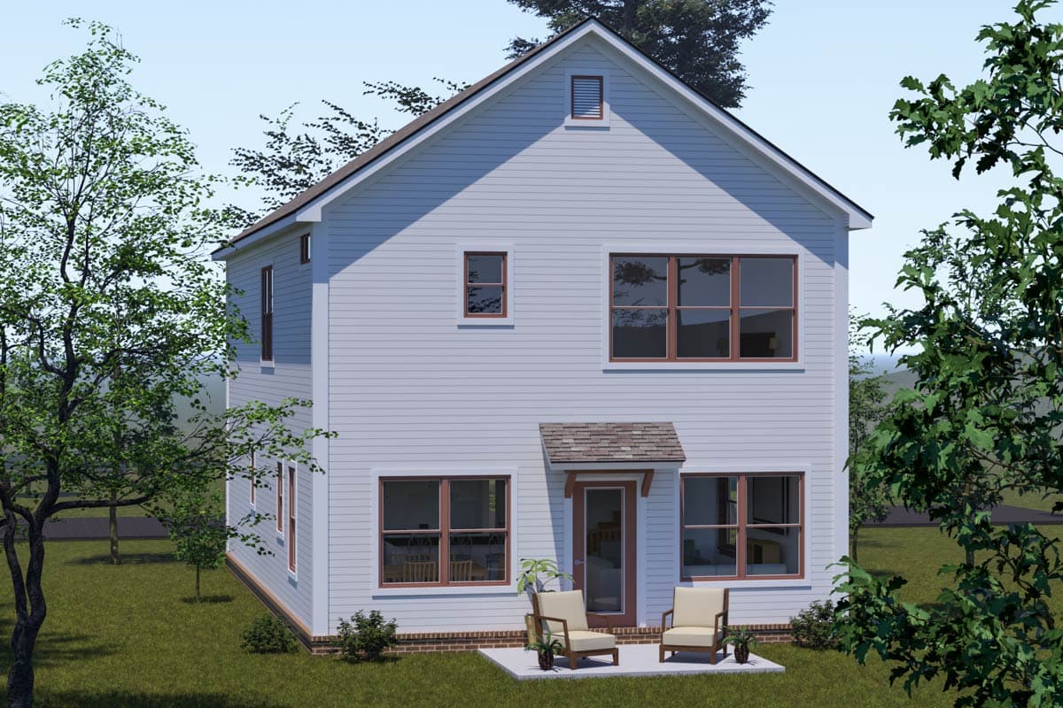 House plan exterior: two-story home with gabled roof, prominent dormer, and covered entry with seating.
