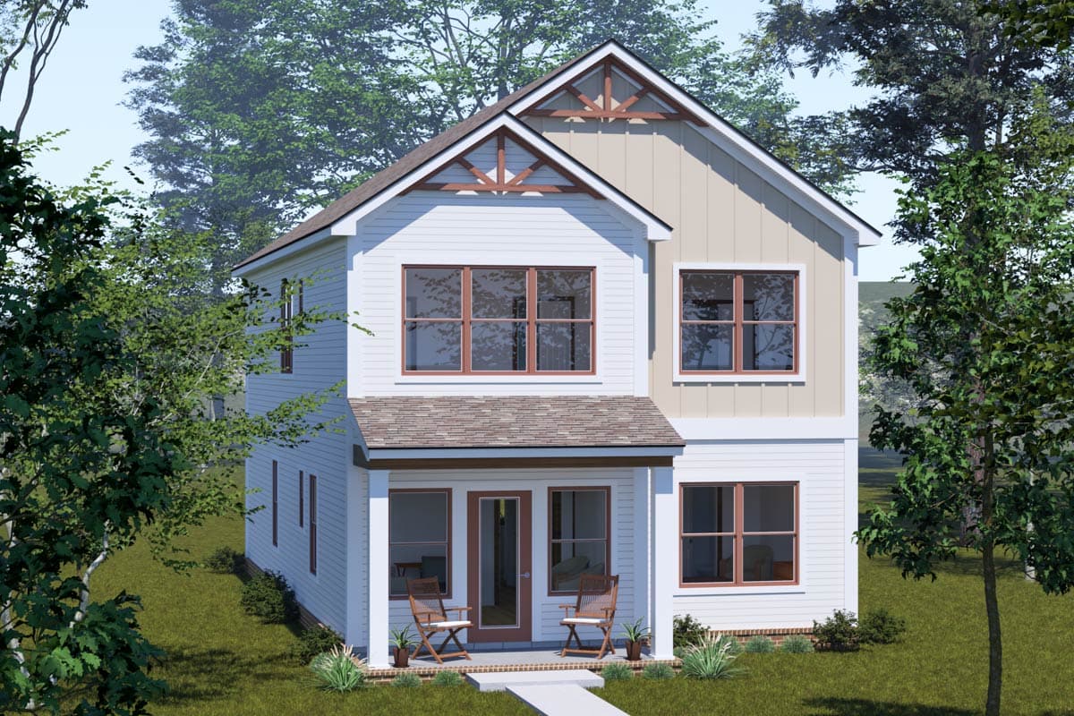 Two-story house plan exterior with a covered porch, prominent gables with decorative wood beams, and mixed siding.