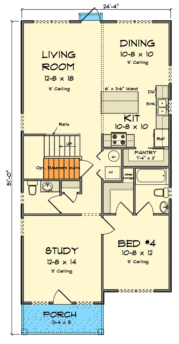 Plan 52429WM: Two-Story Narrow Traditional House Plan with Flex Room - 2194 Sq Ft - Floor Plan - Main Level - New American, Traditional