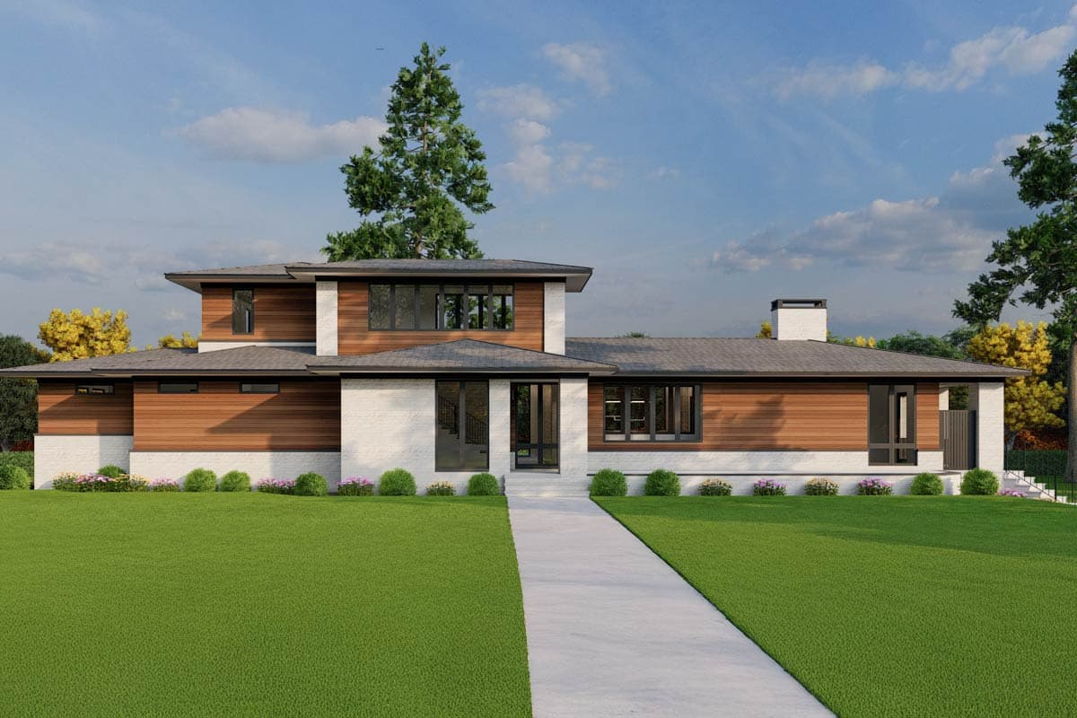 House plan exterior with two stories. Features include a flat roof, wood siding, brick facade, and large windows. Includes a walkway to the entrance.
