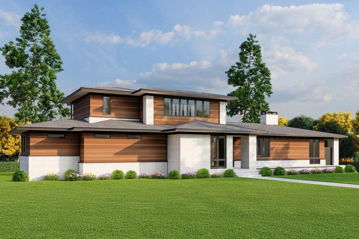 Modern house plan exterior with horizontal wood siding, white brick base, flat rooflines, and large multi-pane windows.