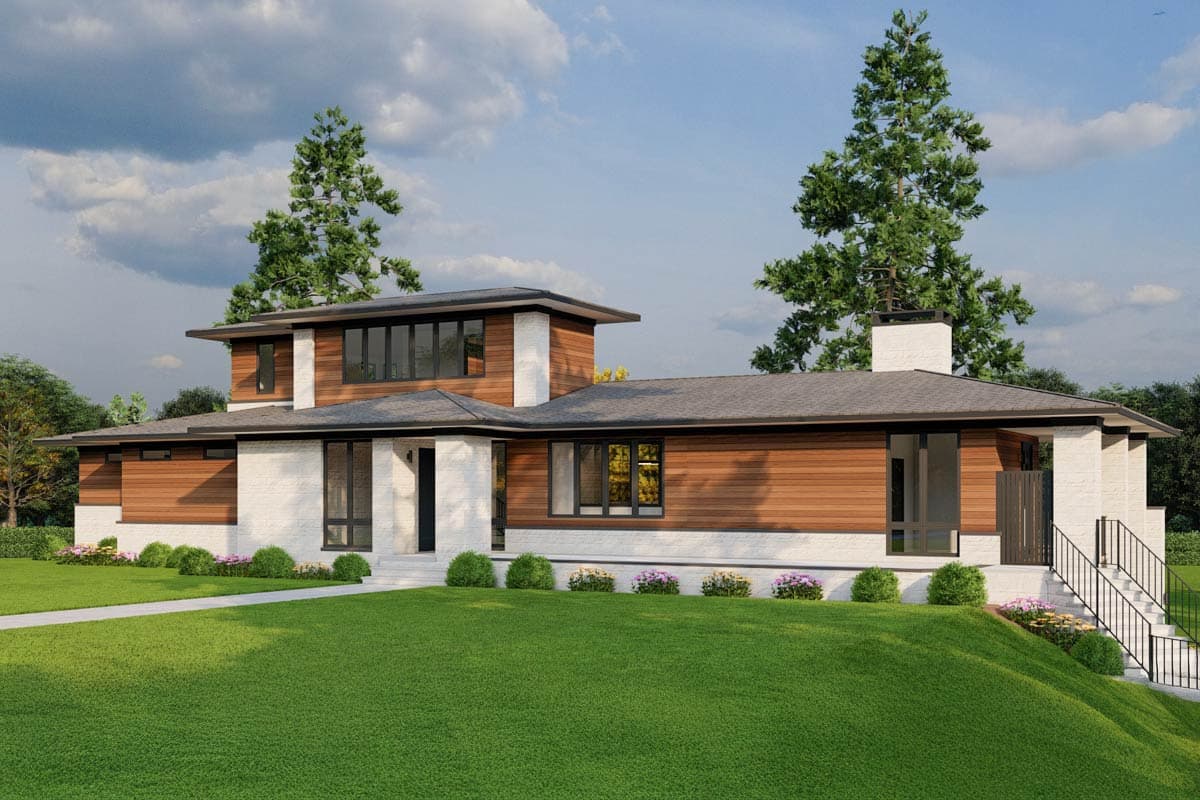 Modern house plan exterior with white brick, wood siding, flat rooflines, and multi-story design.