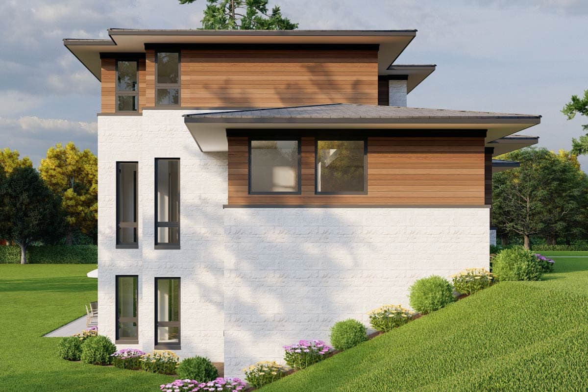 Modern house plan exterior with white brick base, horizontal wood siding, and flat rooflines. Features tall, narrow windows.