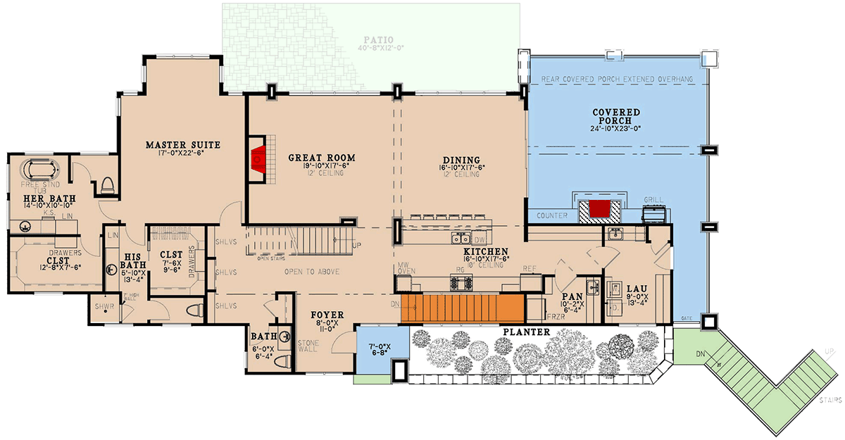 Plan 70922MK: Contemporary Mediterranean House Plan with Drive-Under Garage - 4367 - Floor Plan - Main Level - Contemporary, Mediterranean
