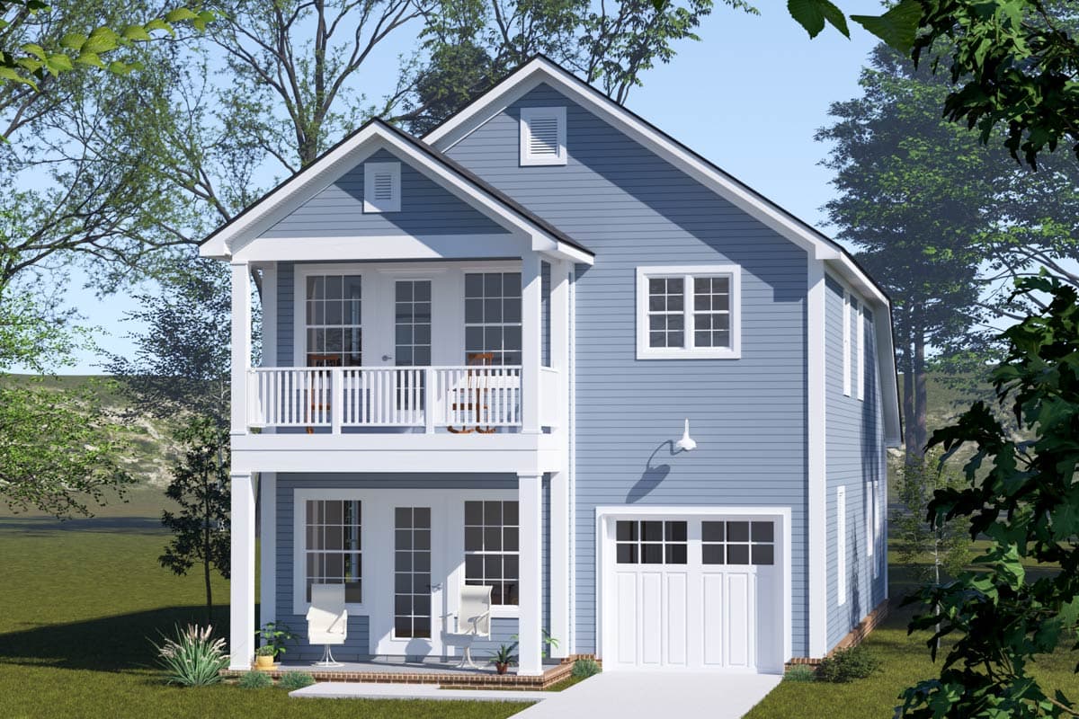 House plan exterior featuring a two-story Craftsman style home with a balcony, gabled roof, and a single-car garage.