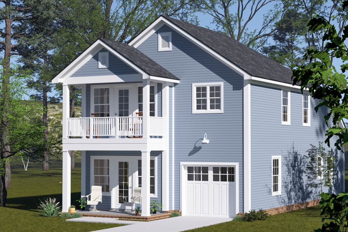 Two-story house plan exterior with a front-facing garage, double balconies, and a gabled dormer.