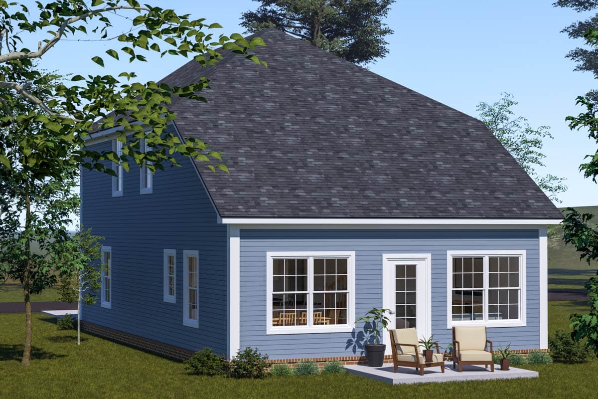House plan exterior rendering of a two-story blue home with a gambrel roof, gabled dormers, and a rear patio with chairs.