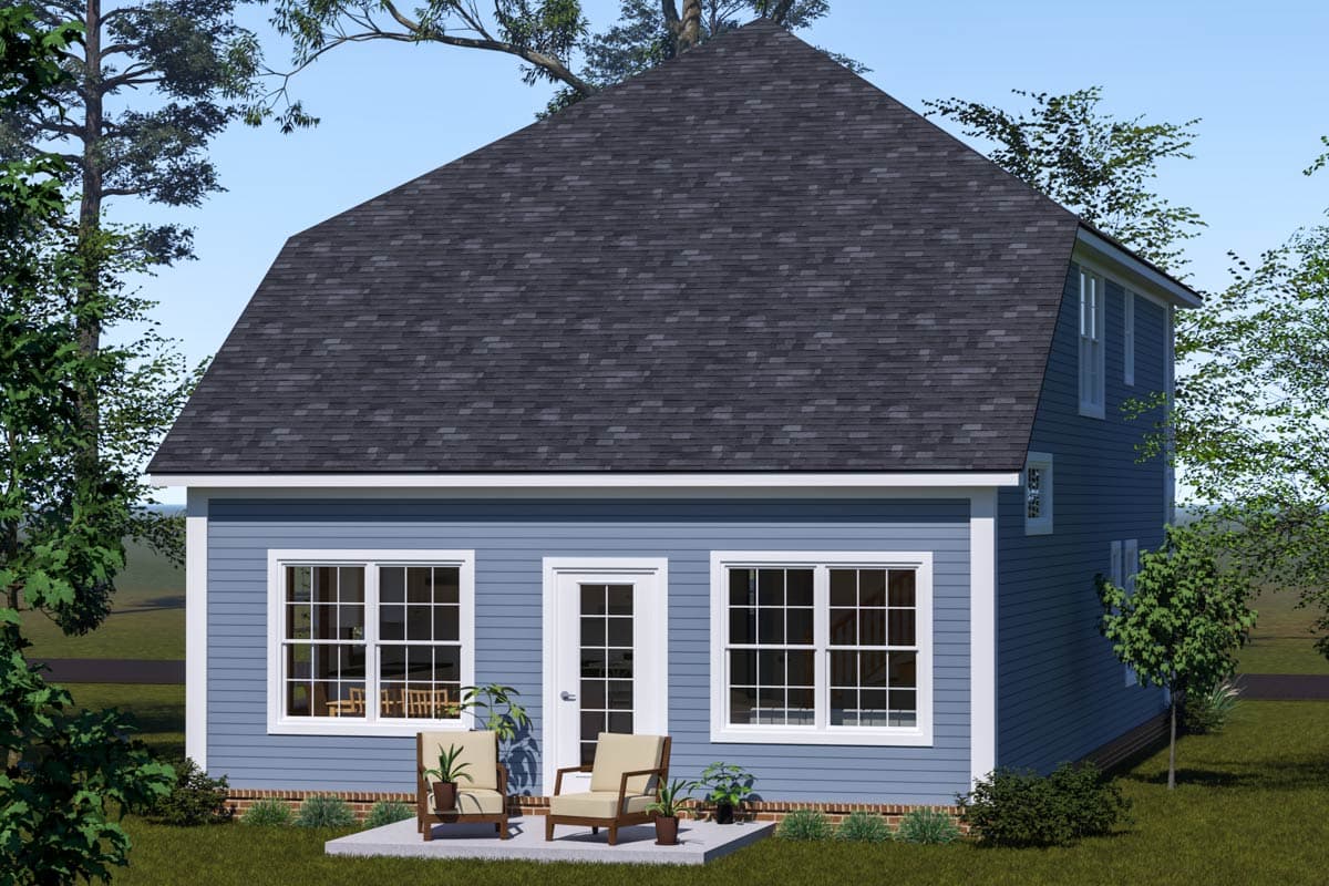 House plan exterior of a two-story home with blue siding, dark shingled gambrel roof, and multiple windows.