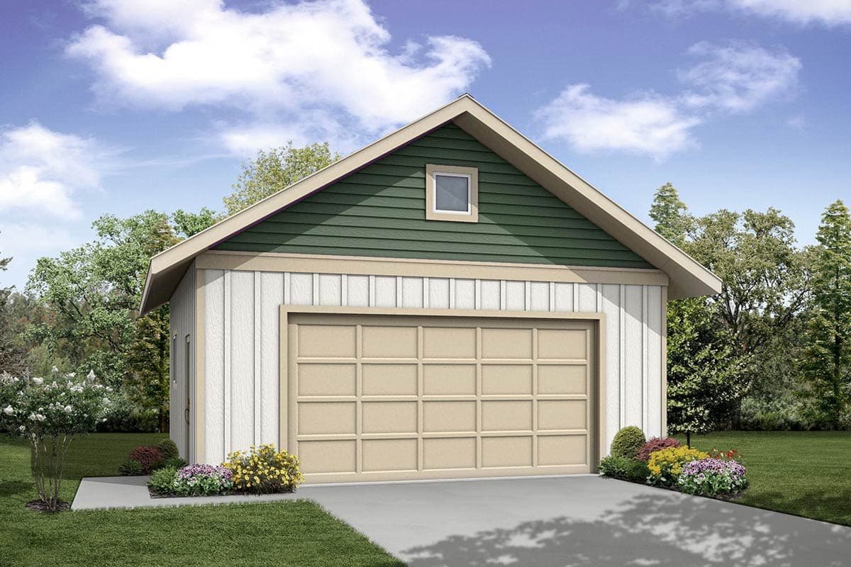 House plan exterior featuring a single-car garage. Gable roof with a small window, vertical siding, and a neutral-colored garage door.