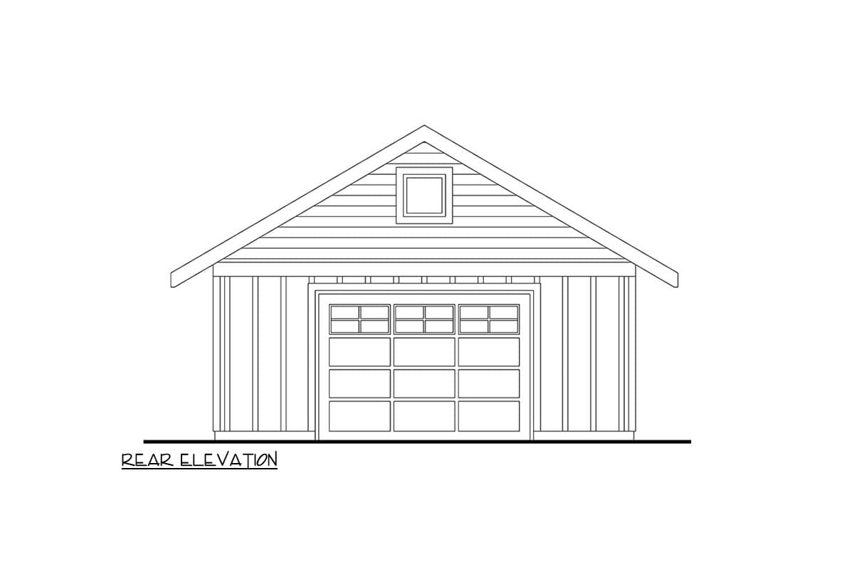 Rear elevation drawing of a garage with a gable roof, a dormer window, and a multi-panel garage door.