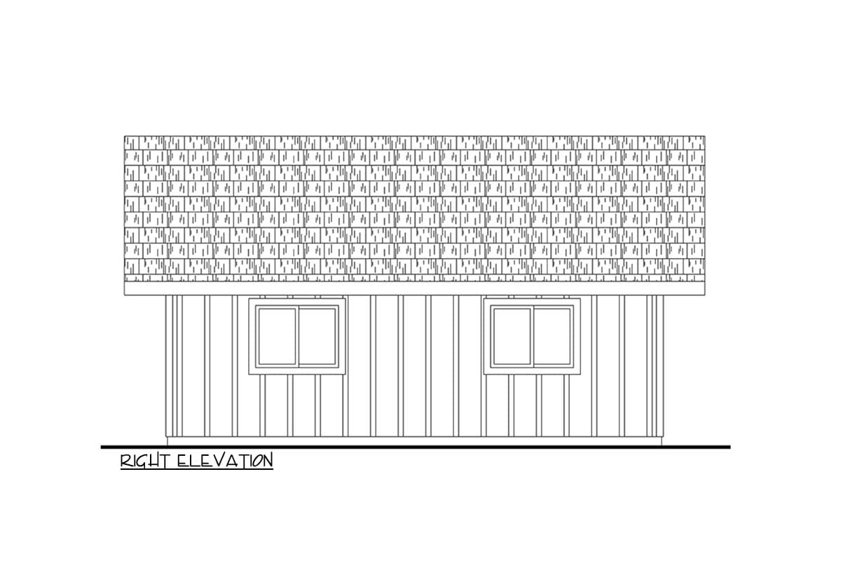 Right elevation drawing of a house with a shingled hip roof, two windows, and vertical siding.
