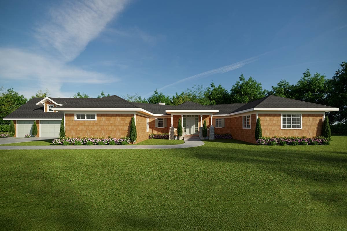 House plan exterior. Ranch style with a low-pitched roof, cedar shingle siding, and a covered front porch with stone columns. Attached garage.