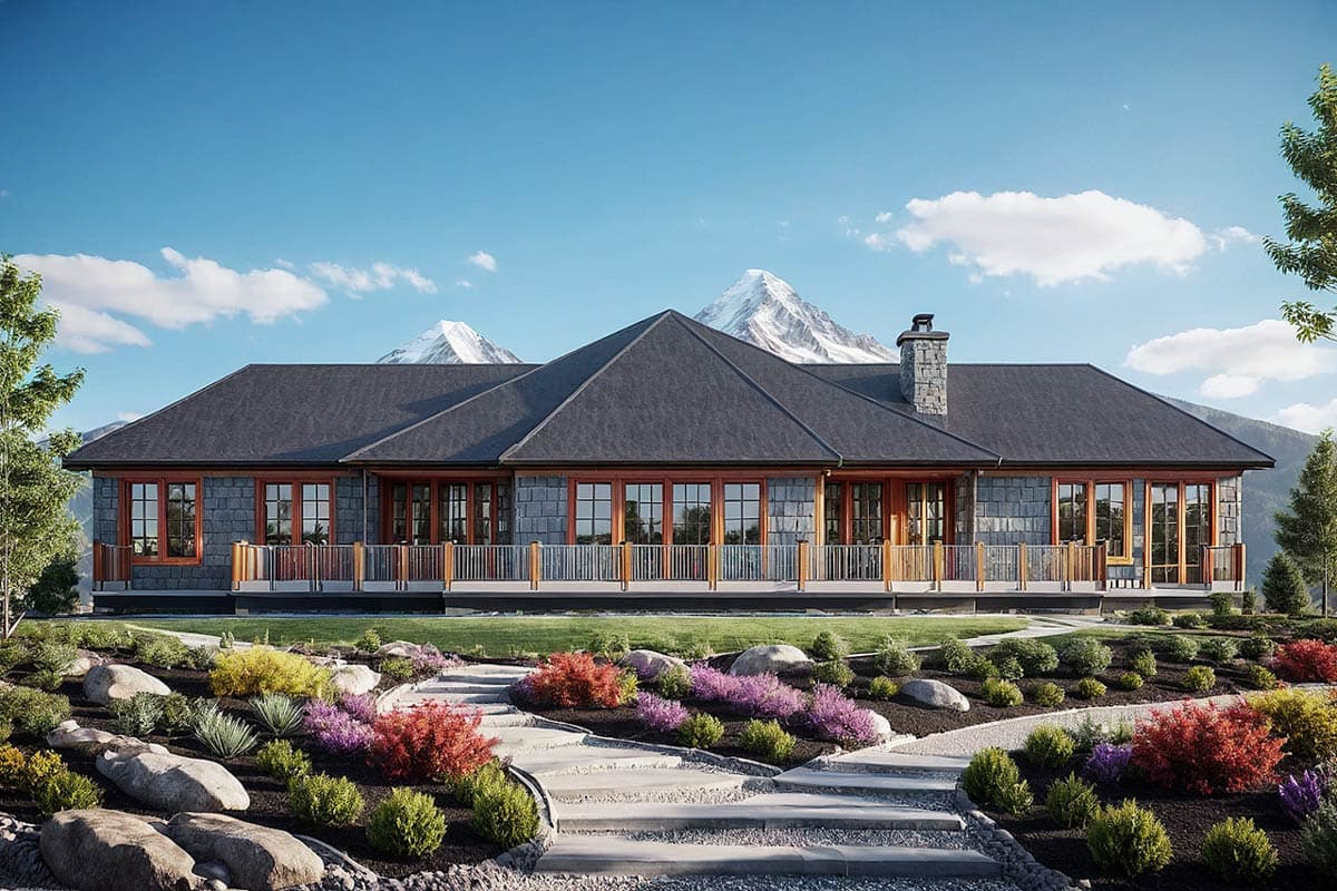 Modern single-story house plan exterior with stone facade, dark shingle roof, numerous windows, and wraparound deck.