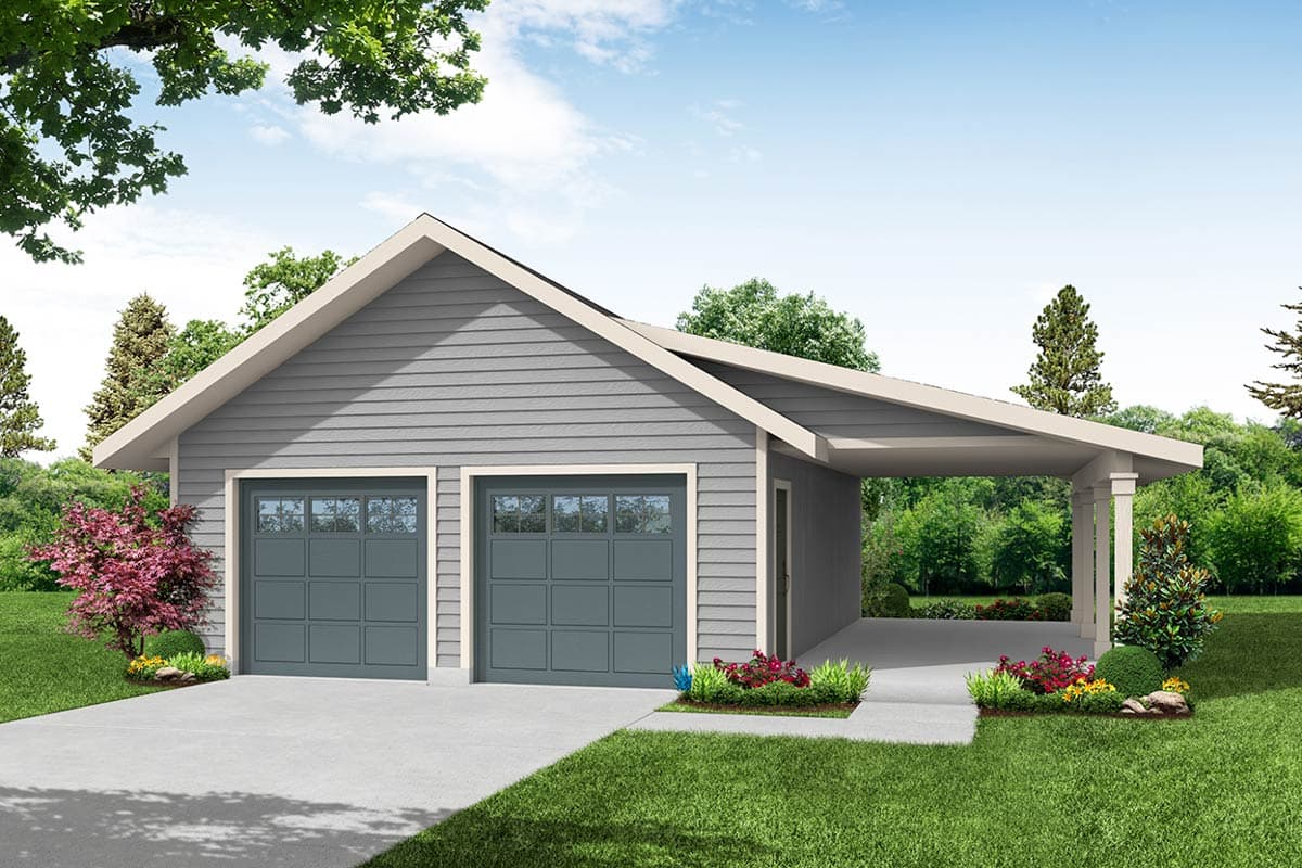 House plan exterior. Two-car garage with gabled roof, carriage-style garage doors, and a covered portico with columns.