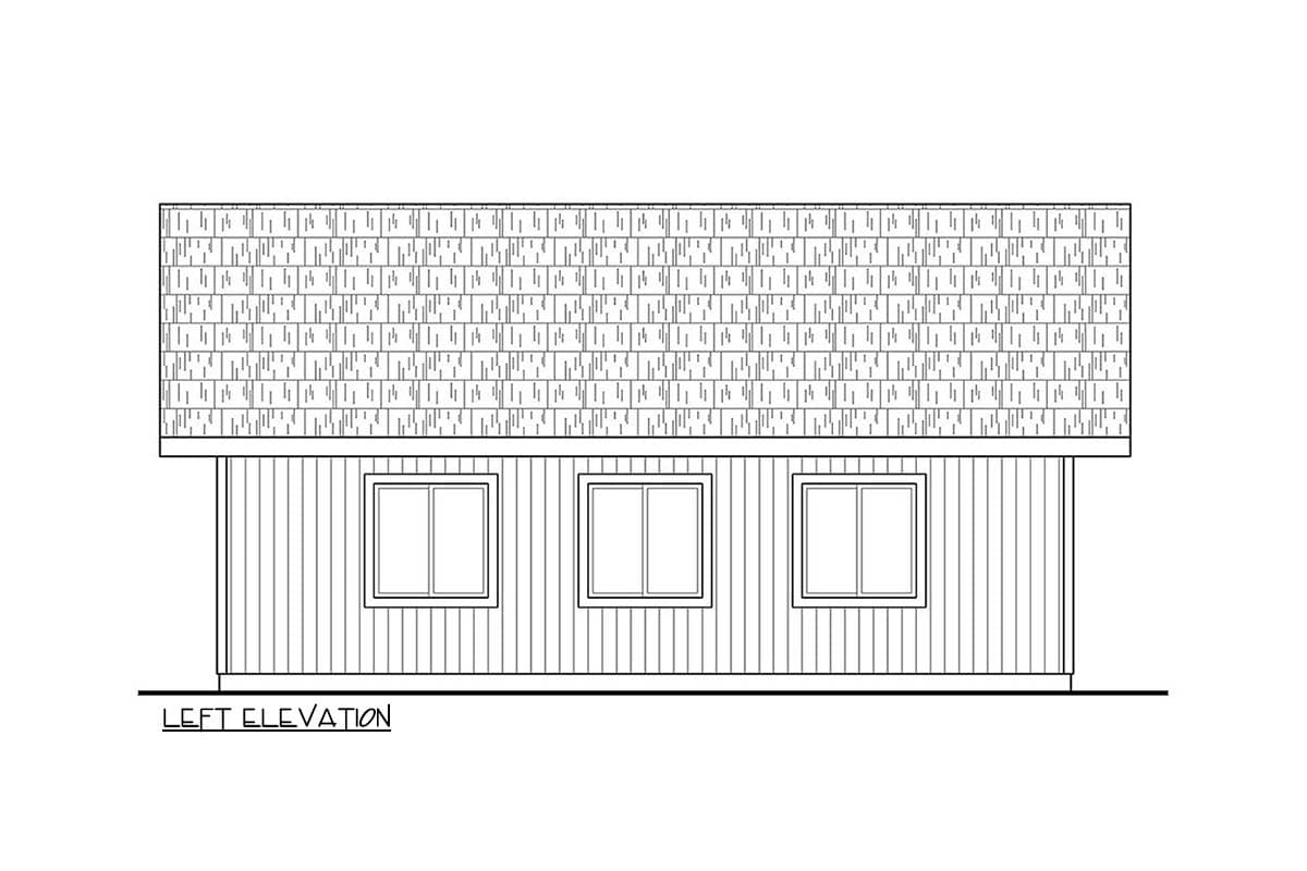 Left elevation of a house plan showing three windows and a pitched shingle roof over vertical siding.