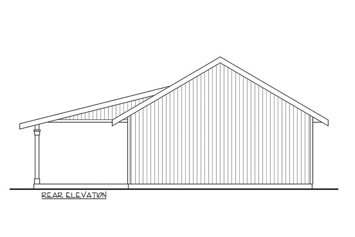 Rear elevation of a one-story house plan with a gable roof and covered porch.