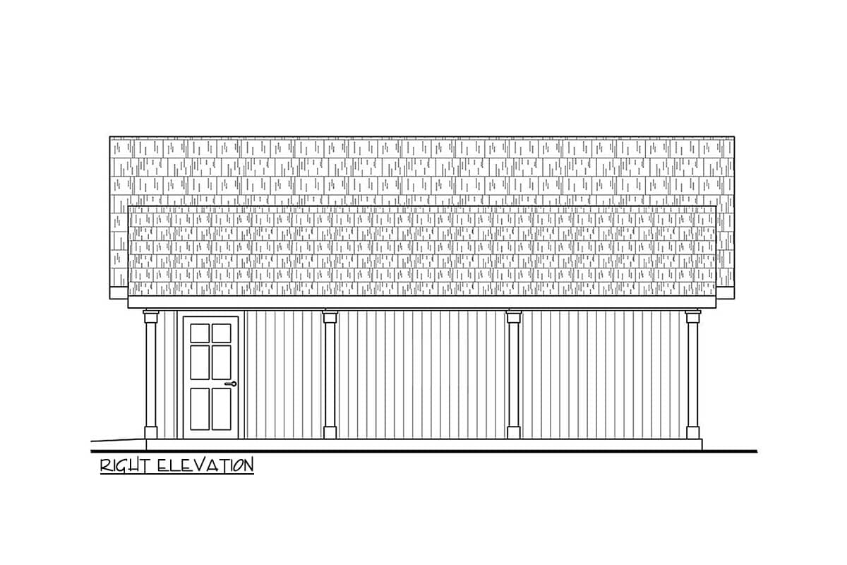 Right elevation of house plan showing a gabled roof, vertical siding, a double door, and columns supporting an overhang.