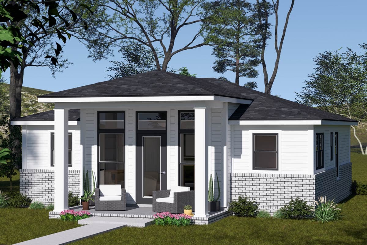 House plan exterior: One-story modern home with gabled roof, covered porch supported by square columns, horizontal siding, and brick foundation.