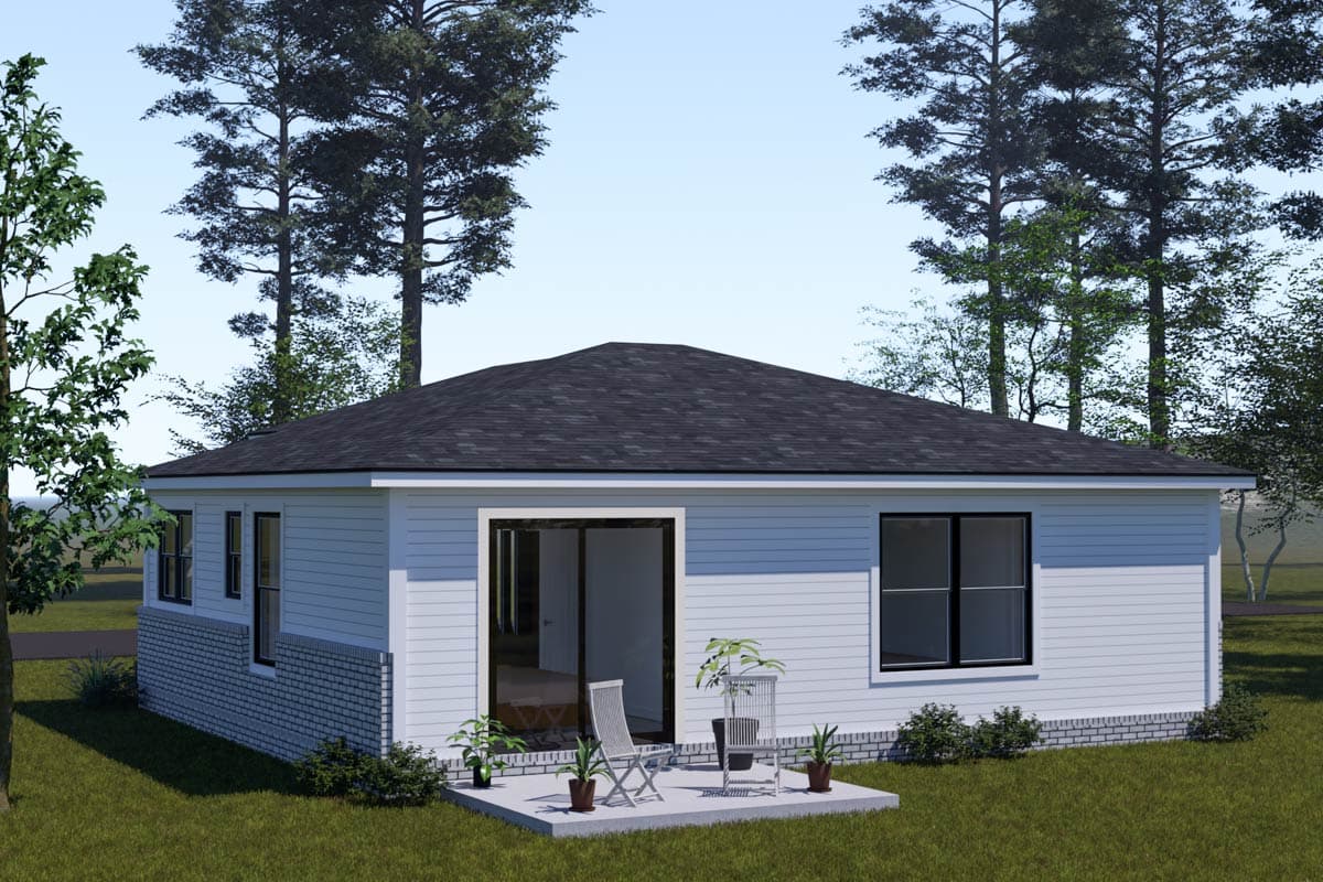 One-story house plan exterior with white lap siding, brick foundation, hipped roof, and sliding glass doors.