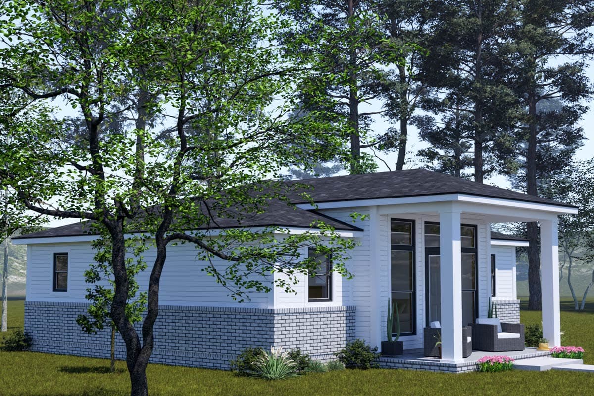 House plan exterior, single-story Modern Farmhouse style with covered front porch, brick wainscoting, and horizontal siding.