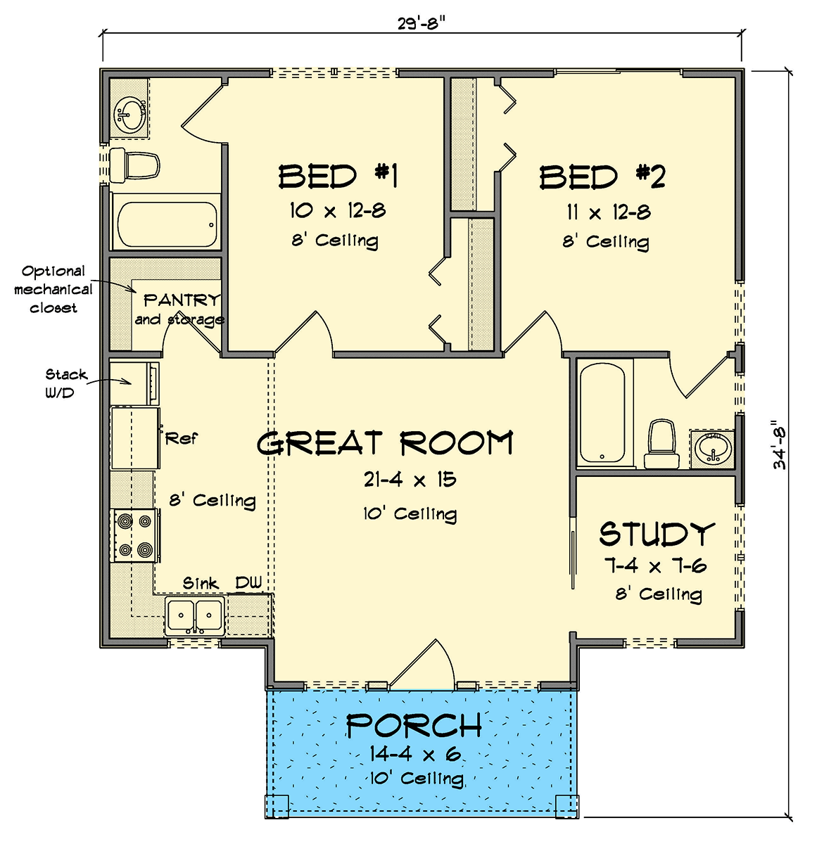 Plan 52432WM: 2-Bed Contemporary House Plan with Study Under 1000 Sq Ft - Floor Plan - Main Level - Contemporary, Modern