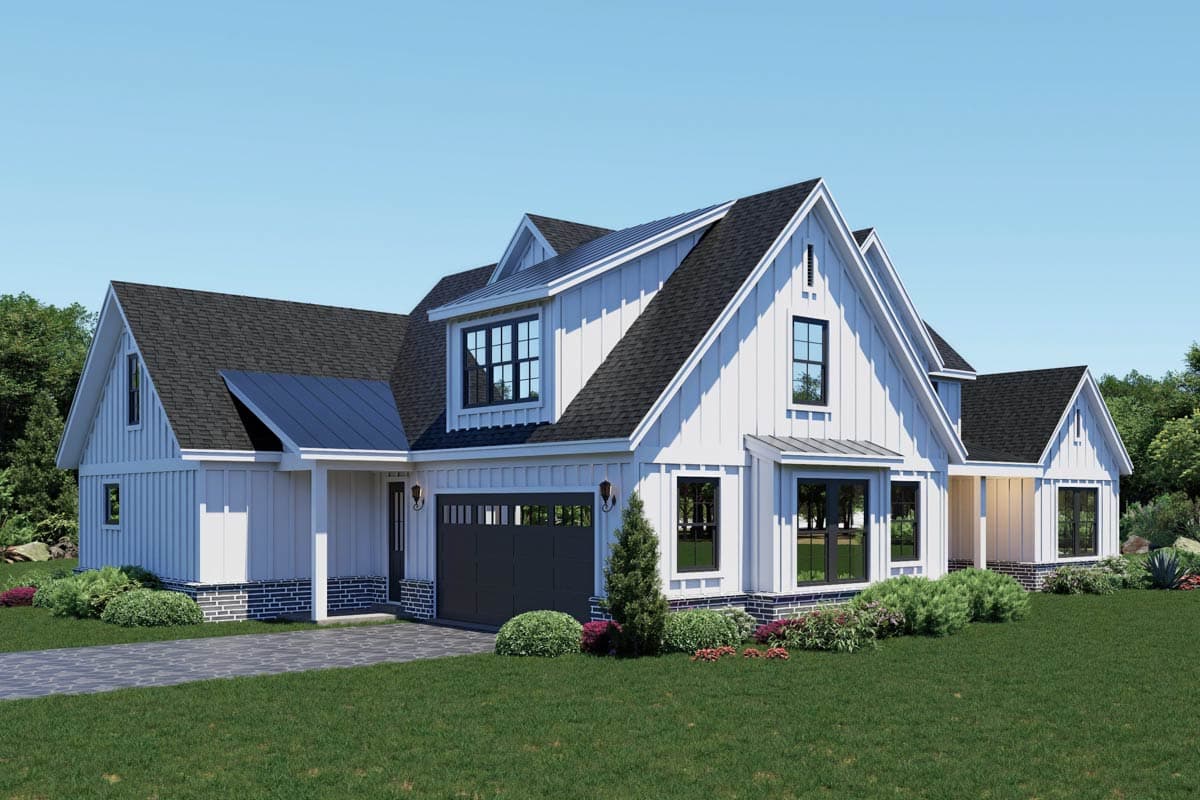 Modern Farmhouse house plan exterior with gables, dormers, board-and-batten siding, and a two-car garage.