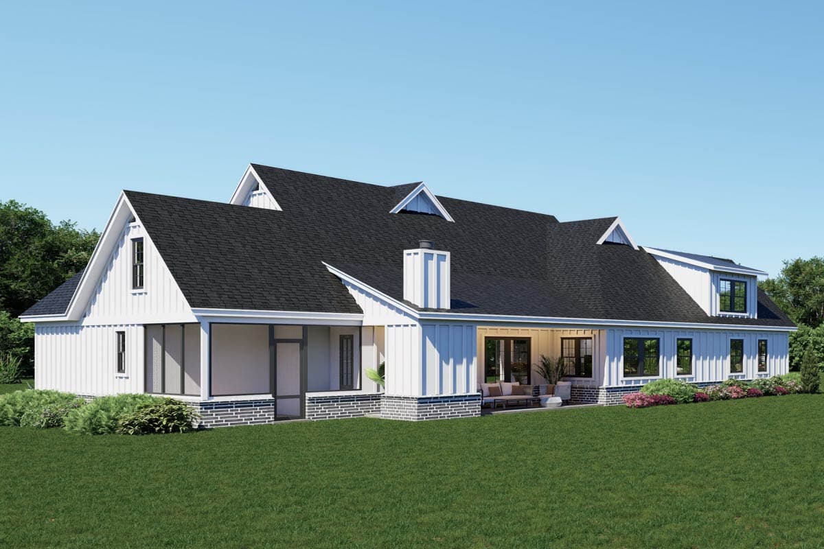 Modern Farmhouse house plan exterior with white board and batten siding, gables, dormers, and a covered porch.