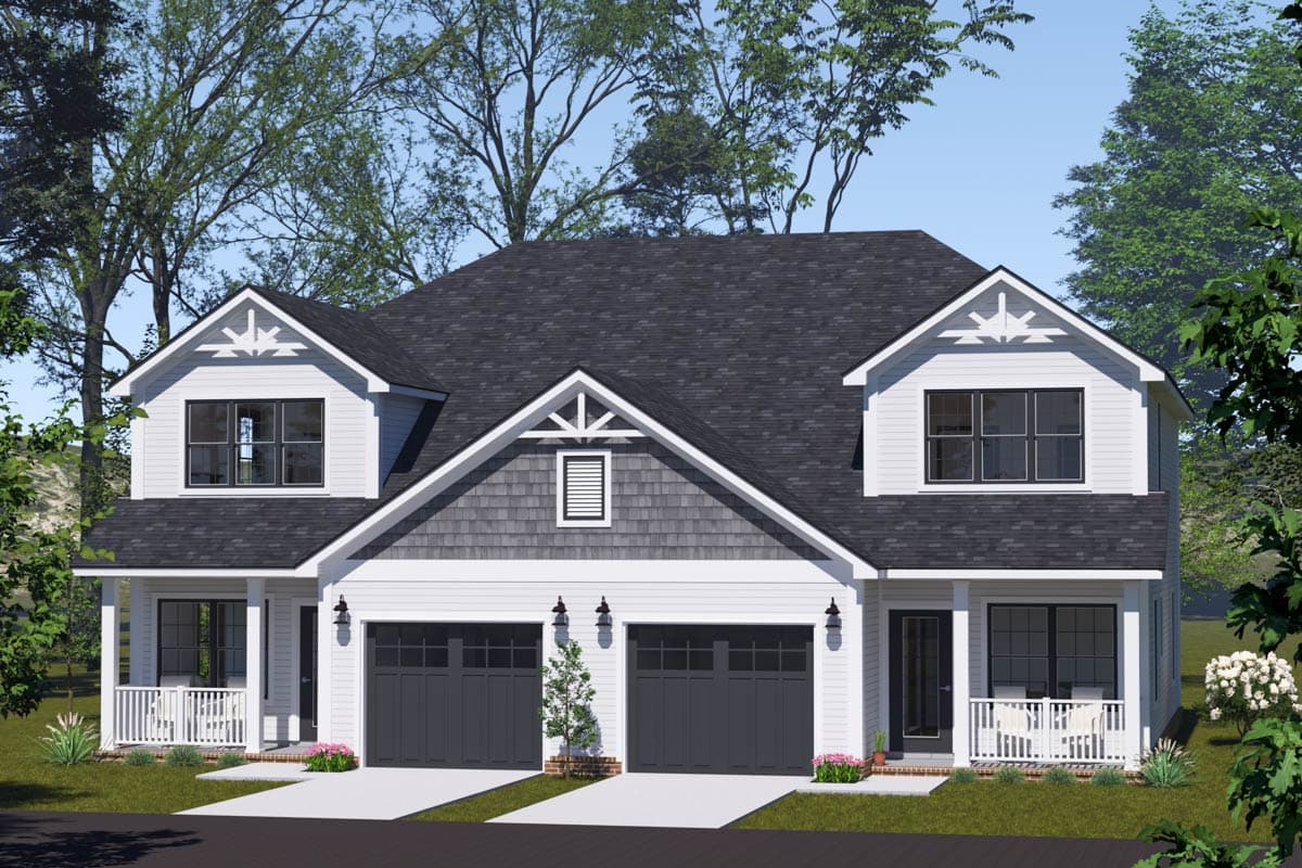 House plan exterior. Two-story, dual unit house with gable roof. Features include front-facing garages, white porch, and dormers.