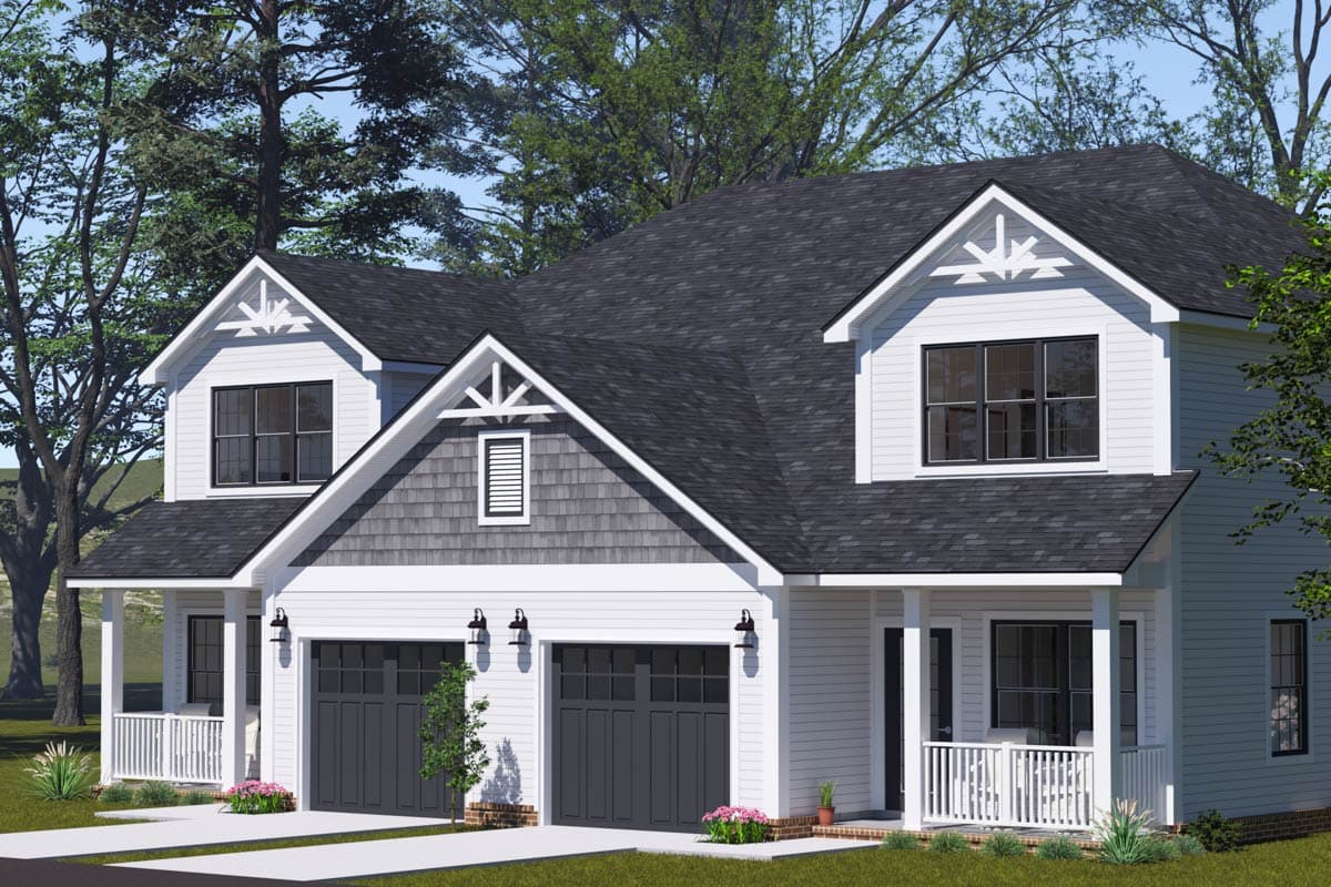 House plan exterior: two-story Modern Farmhouse with a side-entry three-car garage, prominent gables, and front porches.