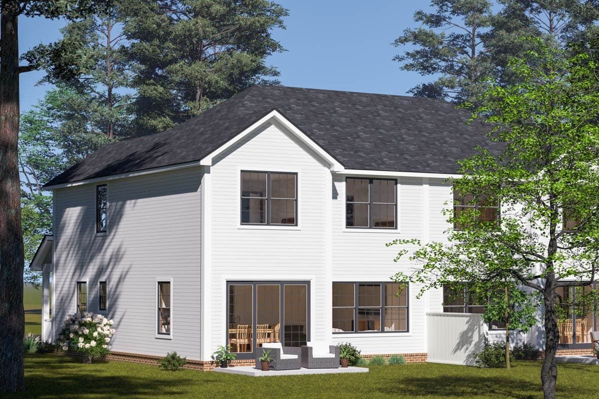 Modern Farmhouse house plan exterior, two stories, white siding, gable roof, prominent windows, and a rear patio.